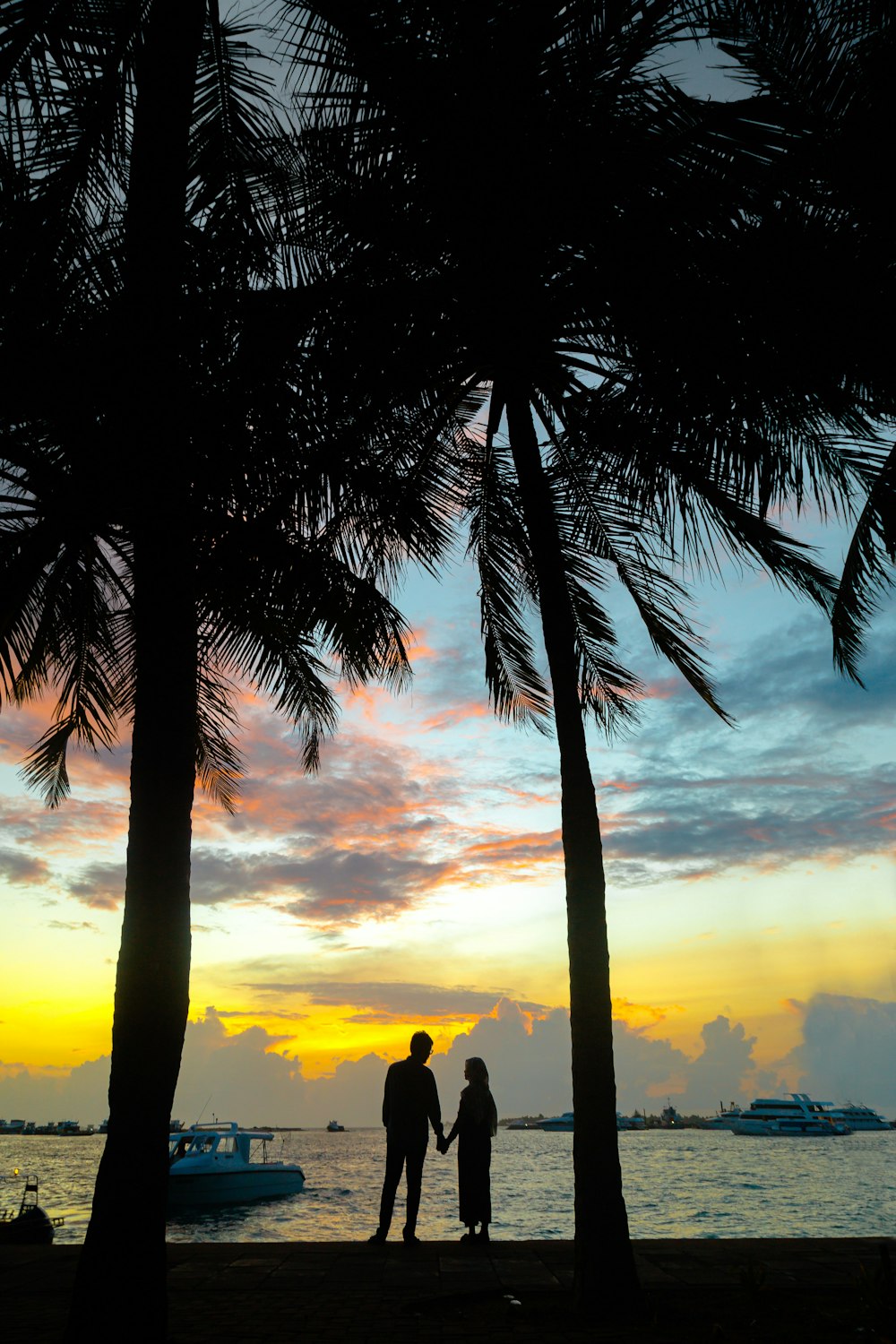 silhouette of man and woman standing beside palm tree during sunset