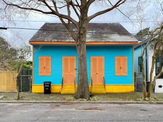 A vibrant house painted in bright turquoise blue with contrasting orange shutters and yellow steps. The house features three sets of shutters and a narrow porch. A leafless tree is prominently located in front of the house, intersecting the facade. The surrounding includes a paved sidewalk and another house painted in a more muted color scheme, visible on the right.
