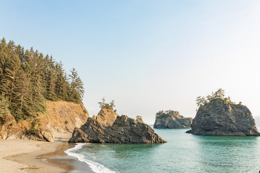 brown and green rock formation on sea during daytime