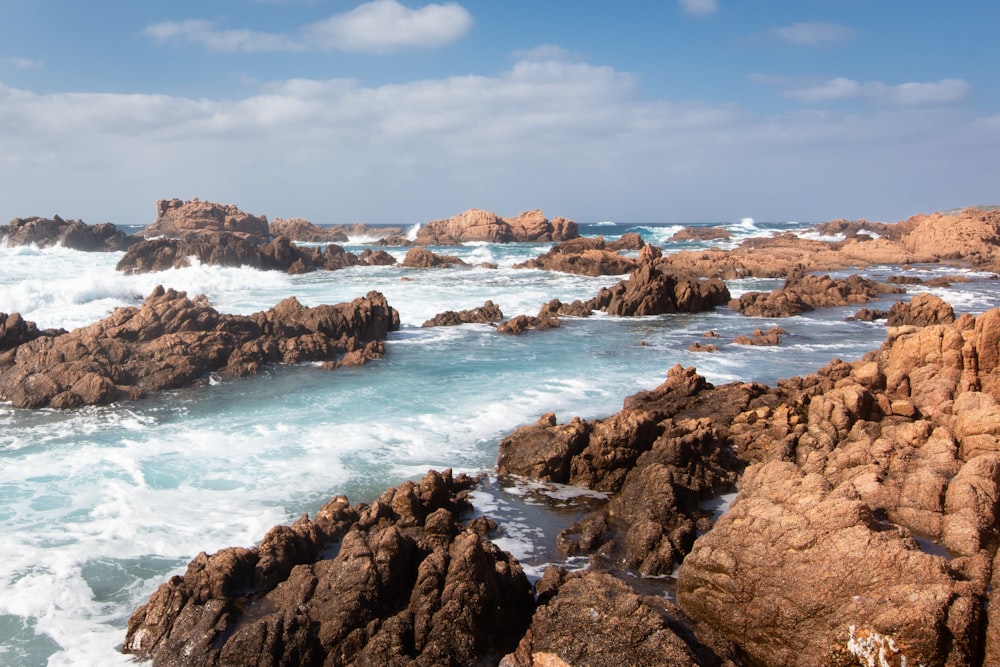 costa rocosa marrón bajo el cielo azul durante el día