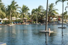 A beautiful outdoor pool surrounded by lounge chairs and palm trees.