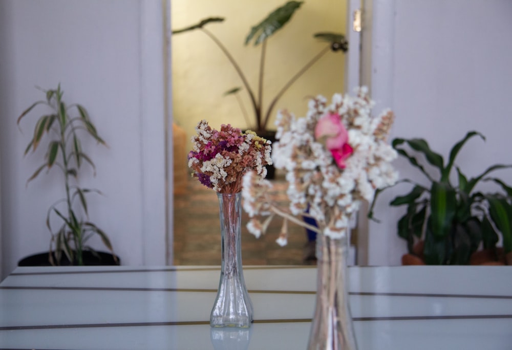 pink and white flowers in clear glass vase