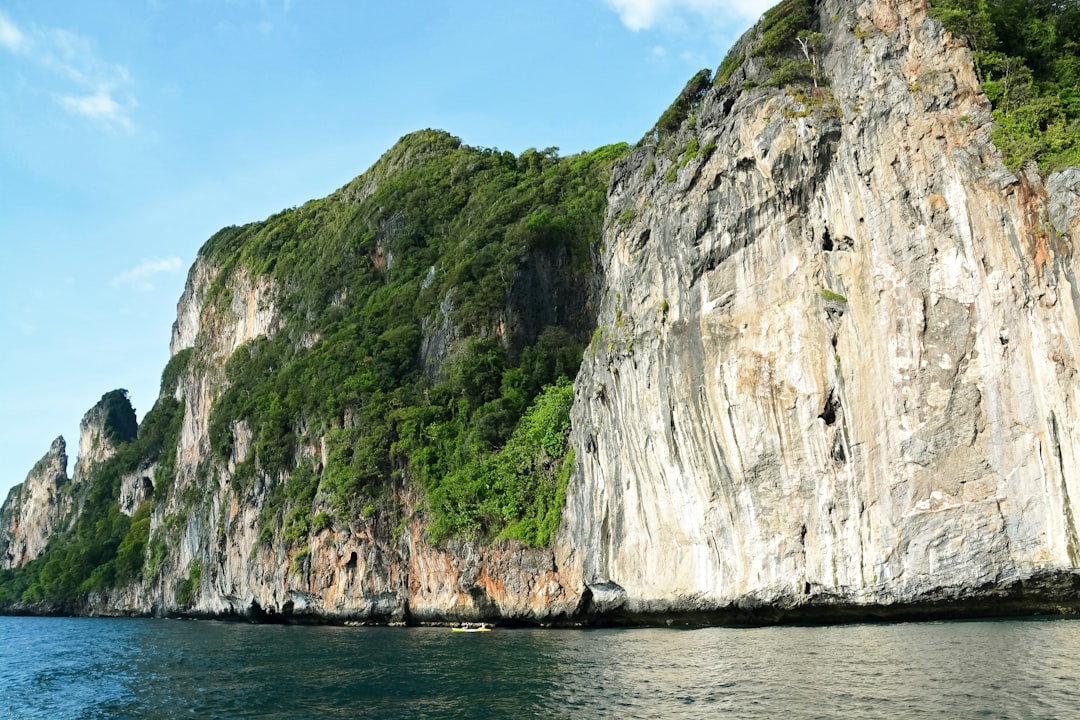 green and brown rock formation beside body of water during daytime