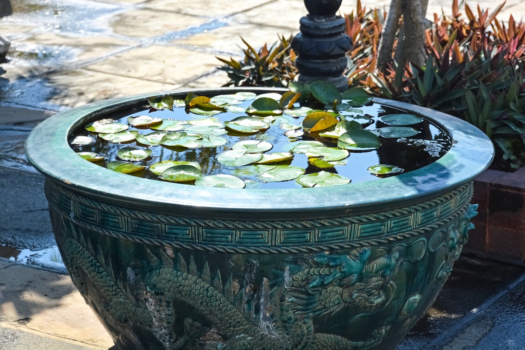 green water lily on blue ceramic round fountain