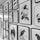 A collection of framed black-and-white illustrations and prints on a wall, including shoes, birds, floral designs, and abstract portraits. The artwork is diverse, featuring various styles and subjects, all mounted in matching black frames against a light-colored wall.