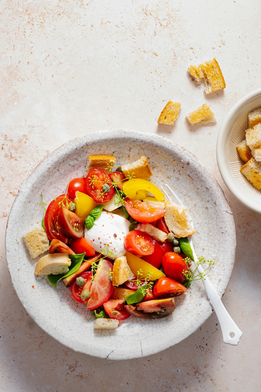 Tranches de tomate et de concombre sur assiette en céramique blanche