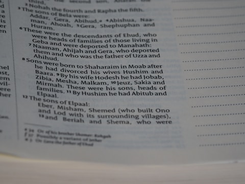 A close-up image of a page from a book with text formatted in verses, similar to a biblical or historical text. The text appears to be organized in numbered sections with a column on the left for reference. The focus is on the middle of the page, with text discussing familial lineages and names.