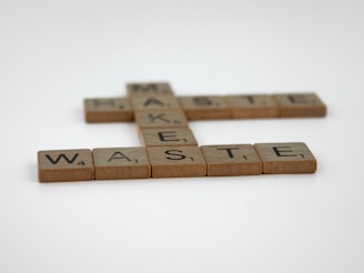 Scrabble tiles arranged to form the words 'WASTE' and 'MAKE' on a white surface. The tiles are wooden with black letters and numbers at the bottom right corner.