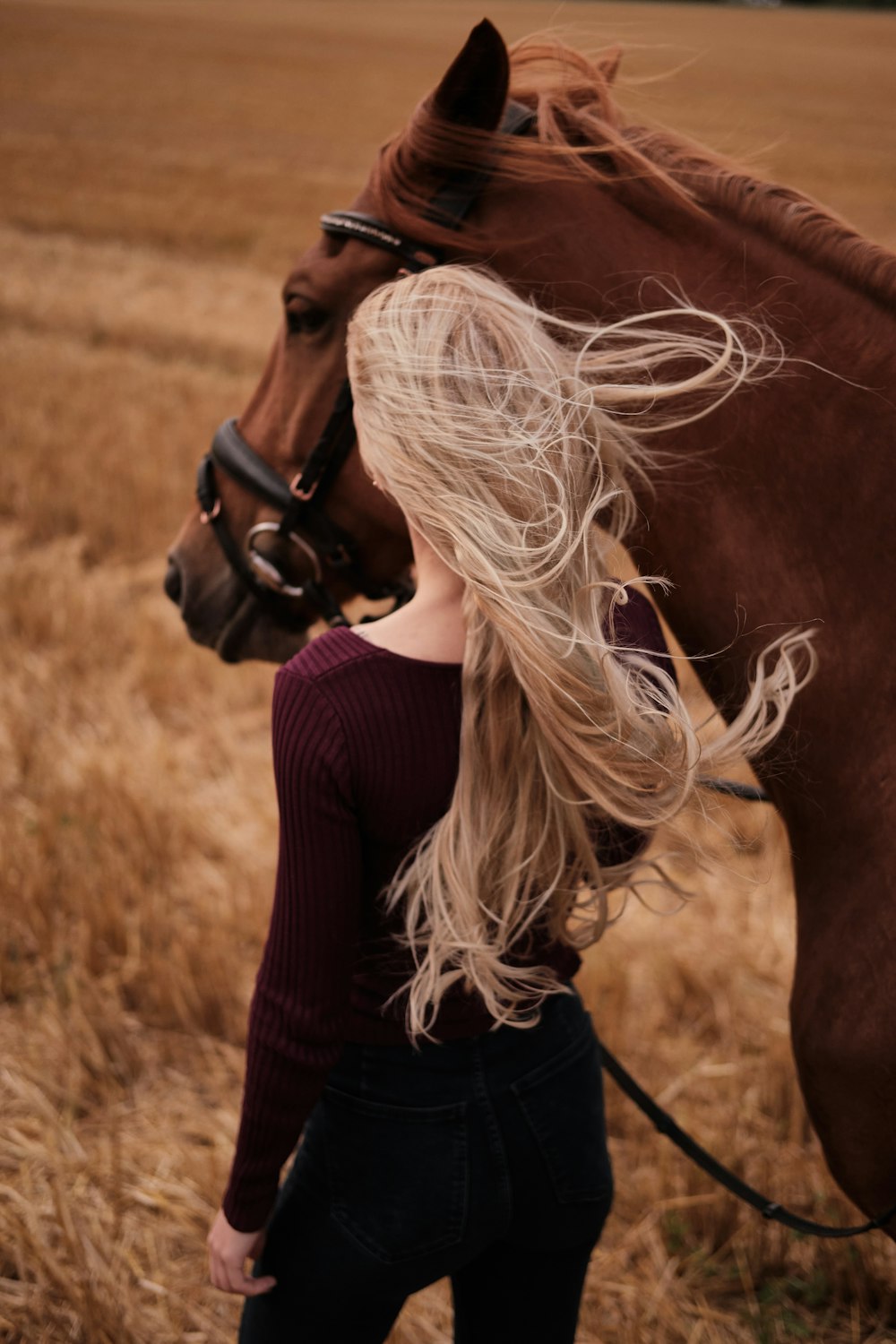 茶色の馬を抱く黒いニットセーターの女性