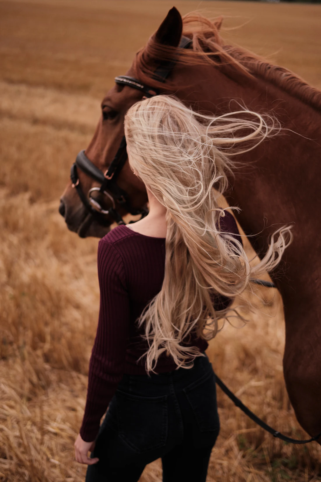 Frau mit Pferd im Herbstlicht