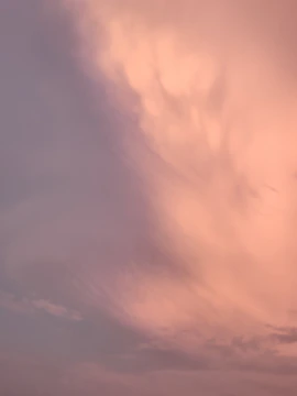 A gentle pastel mural blending soft pinks and lilacs with cloud motifs.