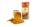 Two containers of turmeric powder are visible, one standing upright with a red lid and a label featuring an image of turmeric roots. The other container is lying on its side, spilling out the bright yellow spice next to a few whole turmeric roots.