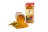 Two containers of turmeric powder are visible, one standing upright with a red lid and a label featuring an image of turmeric roots. The other container is lying on its side, spilling out the bright yellow spice next to a few whole turmeric roots.