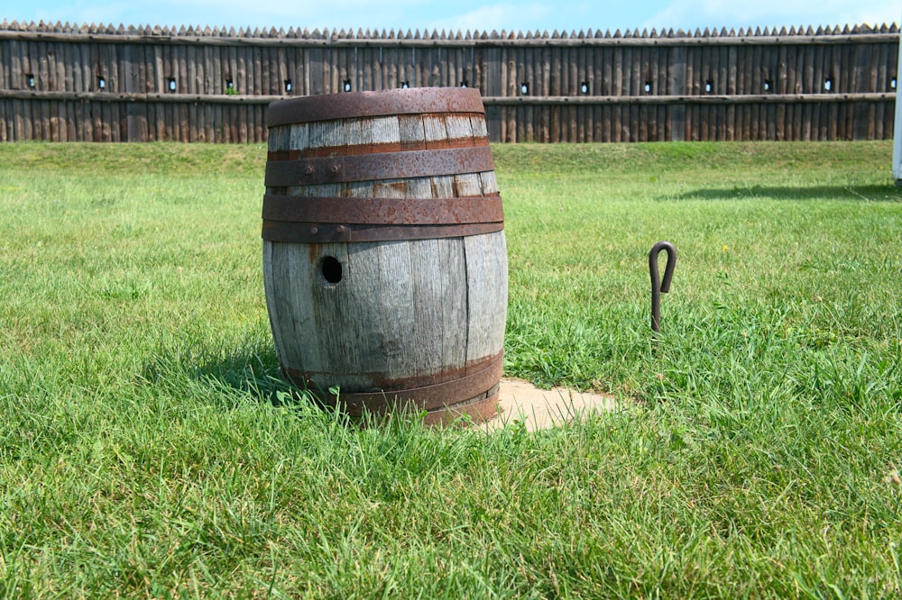 brown wooden barrels on green grass field