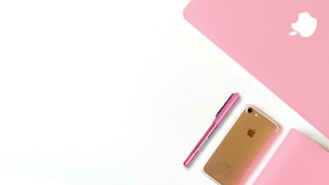 Close-up of a blush pink vinyl decal with elegant script font on a laptop cover.