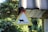 A triangular sign with a silhouette of an adult cat followed by three kittens is mounted under the edge of a building roof. The surroundings include lush green foliage and a blurred background of more vegetation.