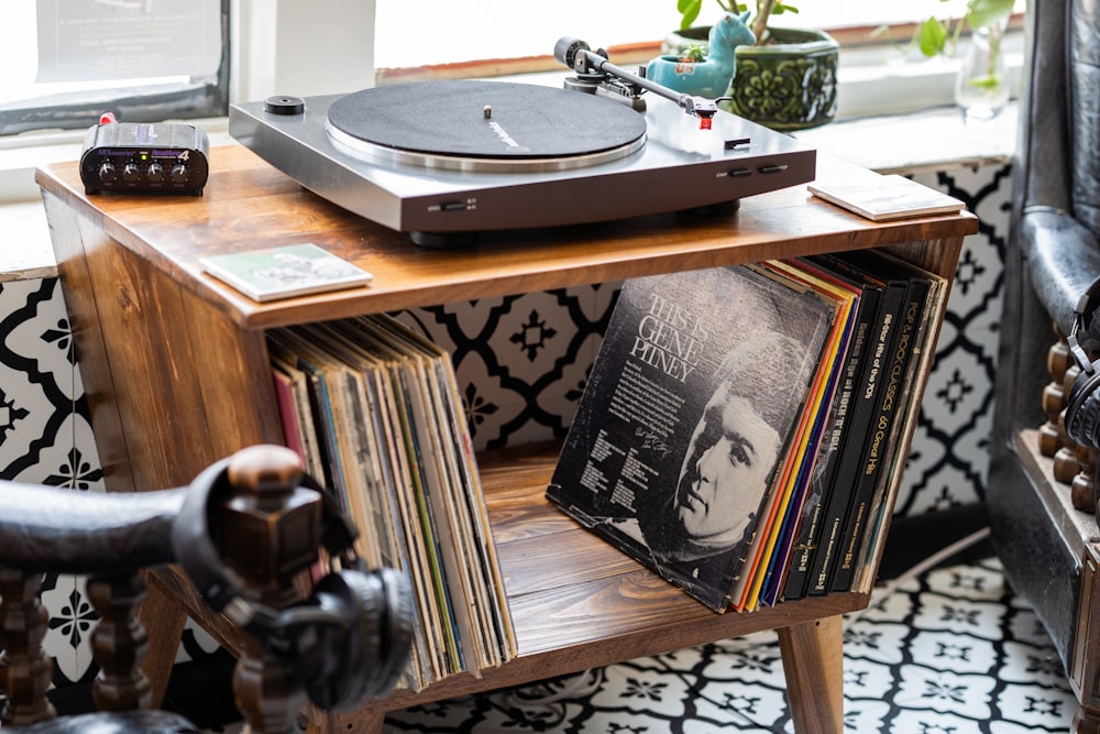 vinyl record on brown wooden table