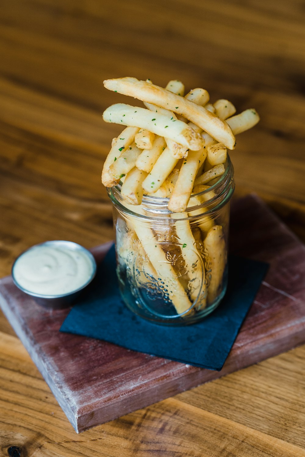 fries on clear glass jar