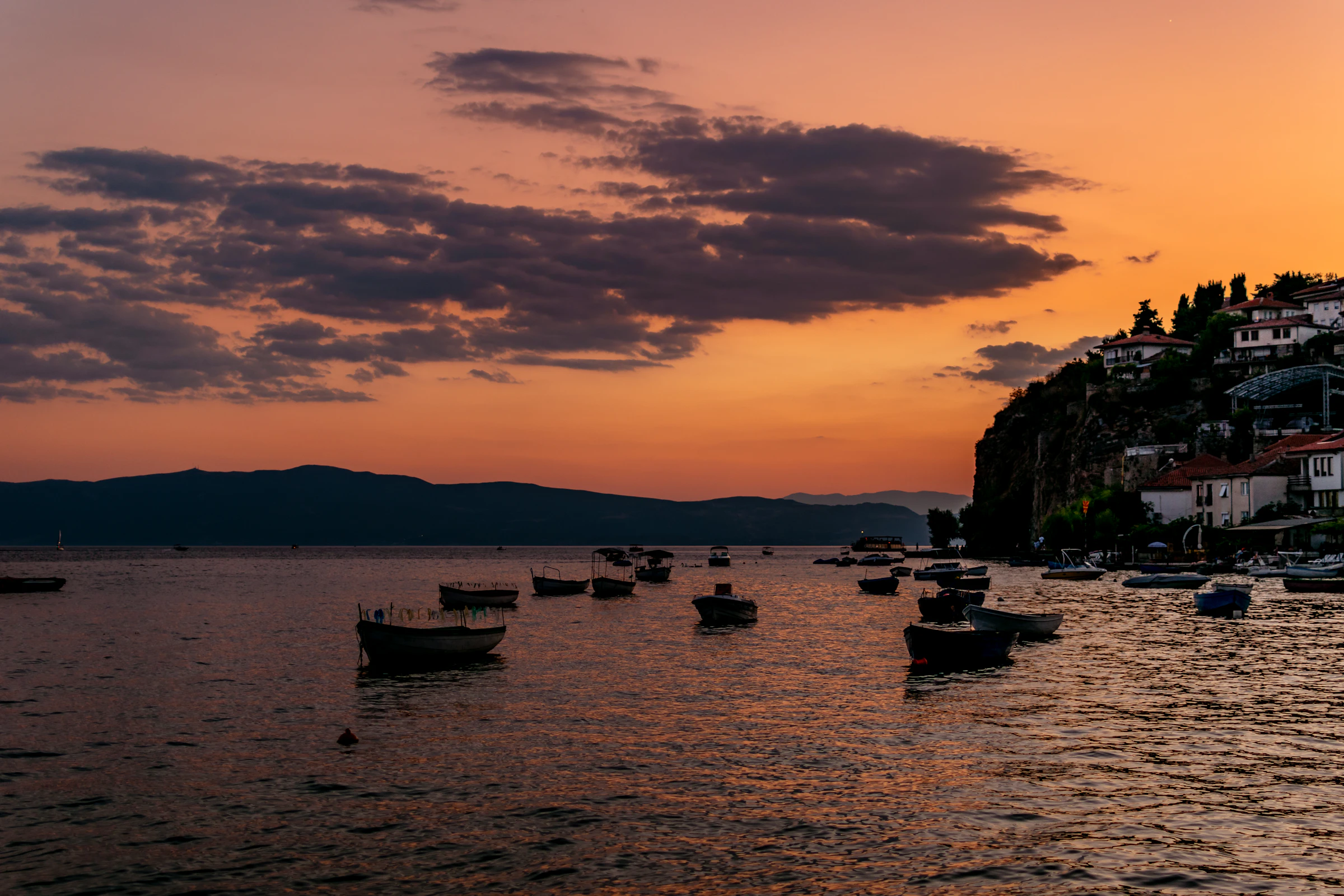 Boats on Lake Ohrid at sunset