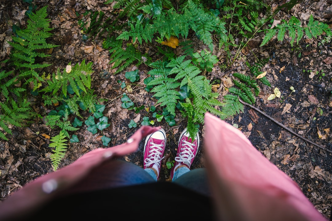 person in pink pants and black and white sneakers standing on brown soil