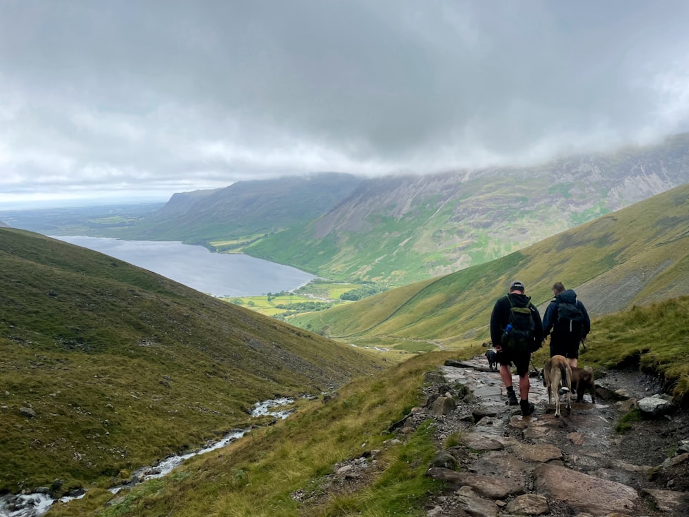 people hiking on green mountain during daytime