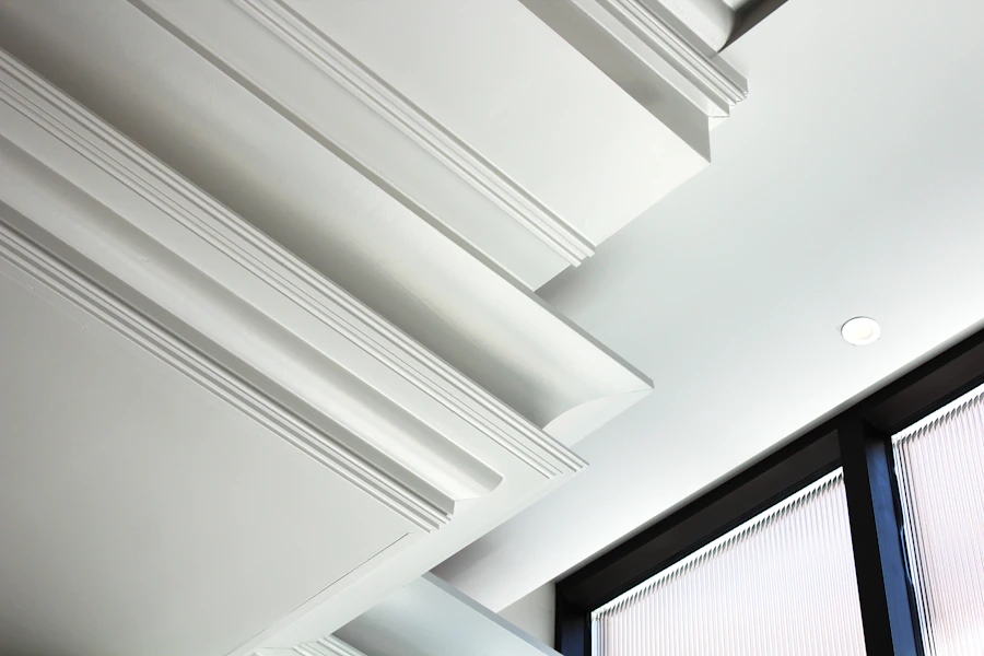 Coffered ceiling with crown molding trim in custom Missoula home interior