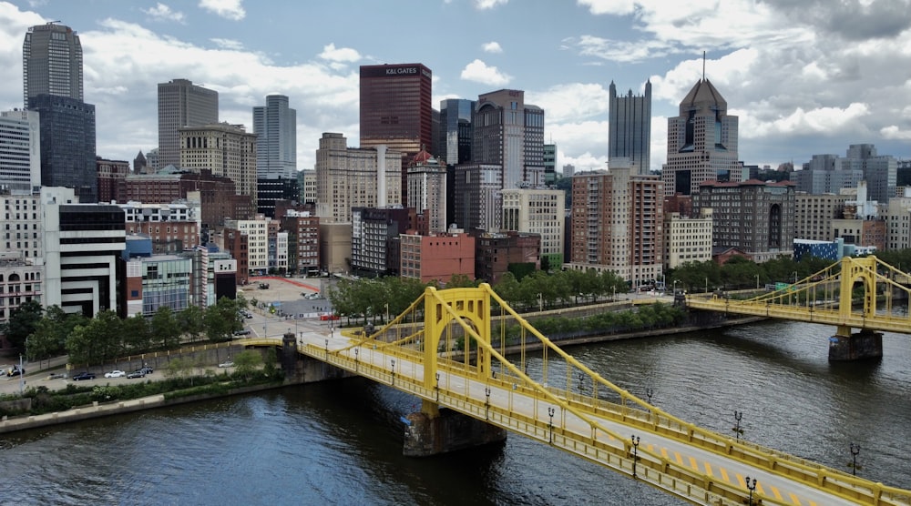 昼間、市の建物近くの川に架かる黄色い橋