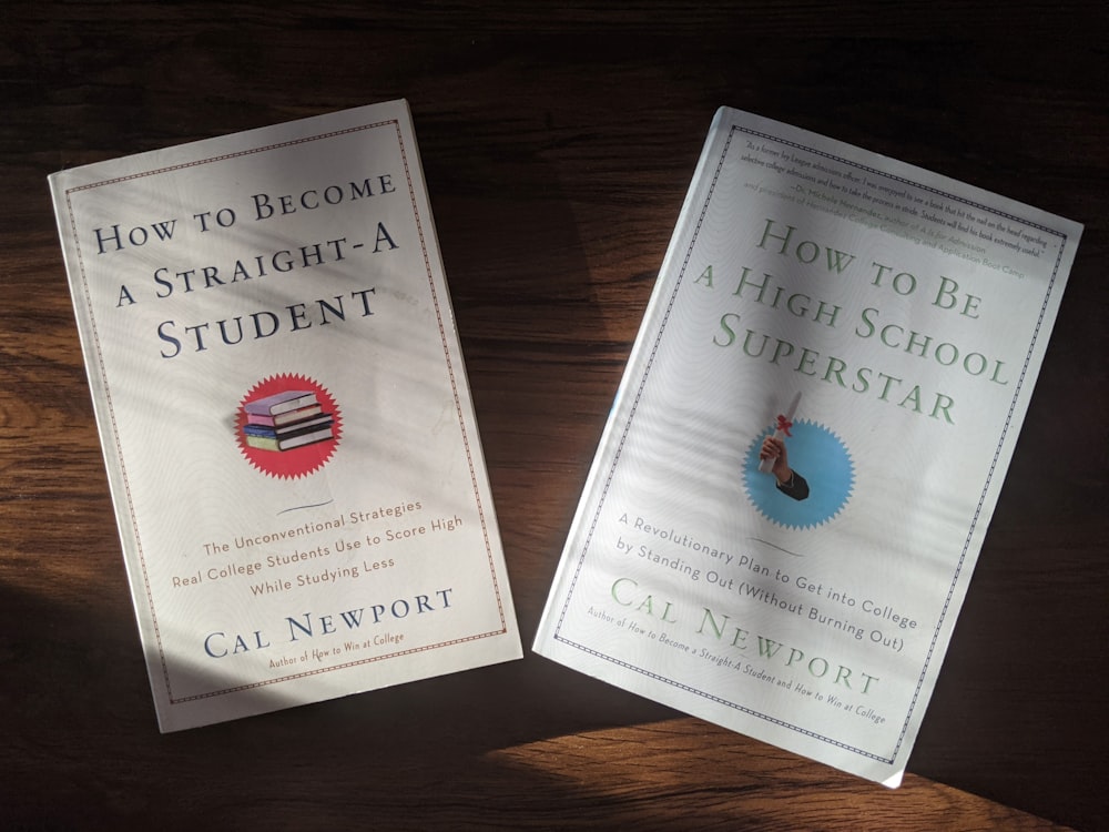 two books sitting on top of a wooden table