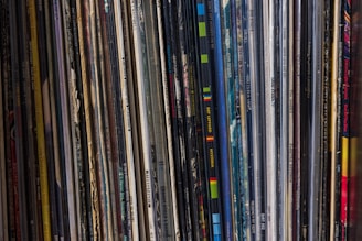 A collection of vinyl records is lined up vertically, with their spines displaying various album and artist names. The records appear tightly packed together, with a mix of modern and classic albums visible. The spines are colorful, indicating a diverse assortment of music genres.