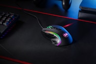 black and blue corded computer mouse