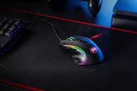 black and blue corded computer mouse