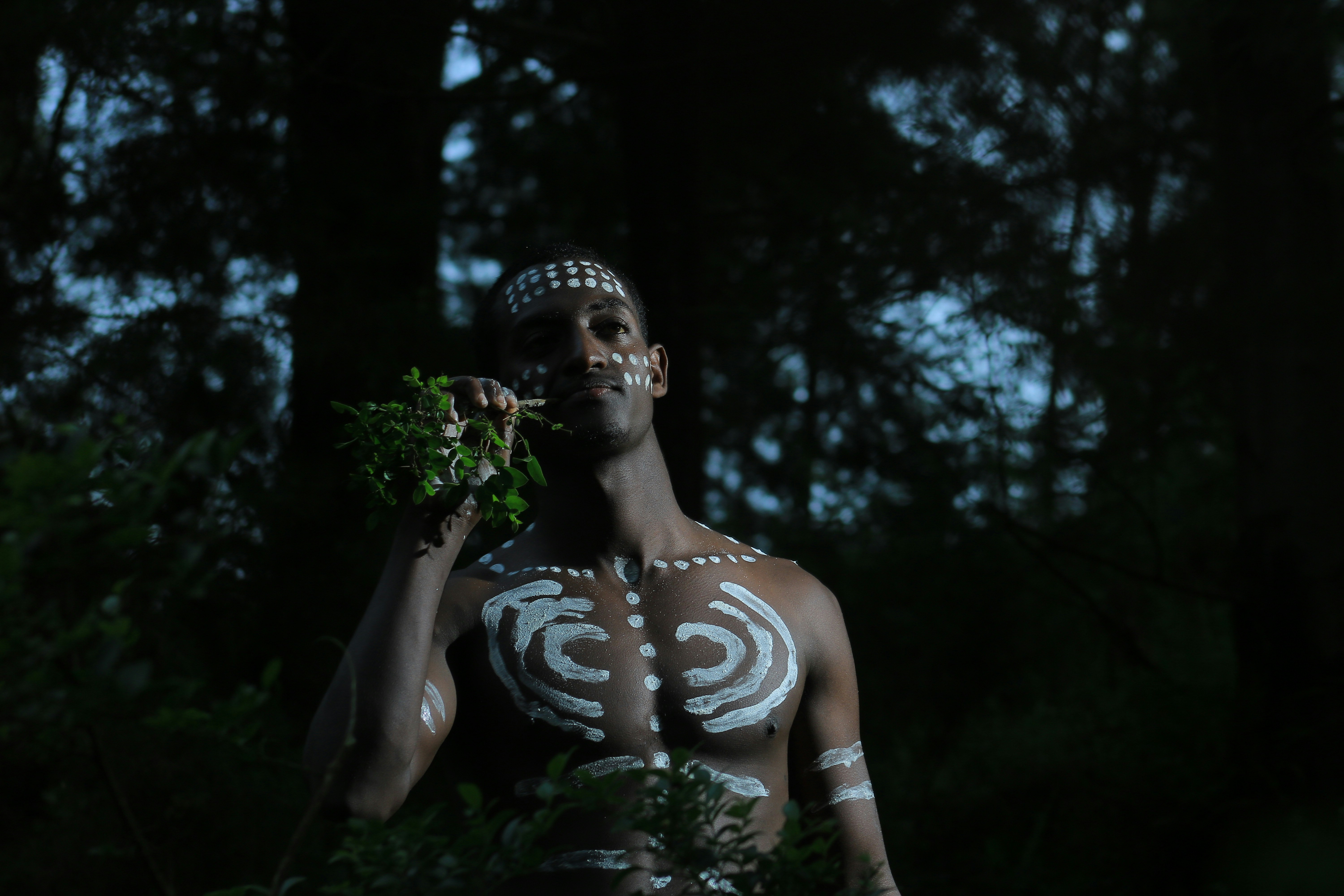 A shadowy figure of a man in traditional tribal attire, blending into dense forest foliage, with a determined expression.