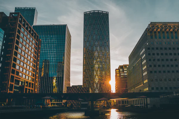 Canary Wharf financial district at sunset
