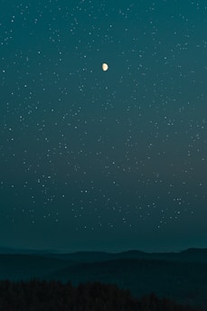 A serene night sky filled with stars and a glowing full moon over a tranquil landscape.