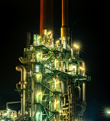 brown and black factory during night time