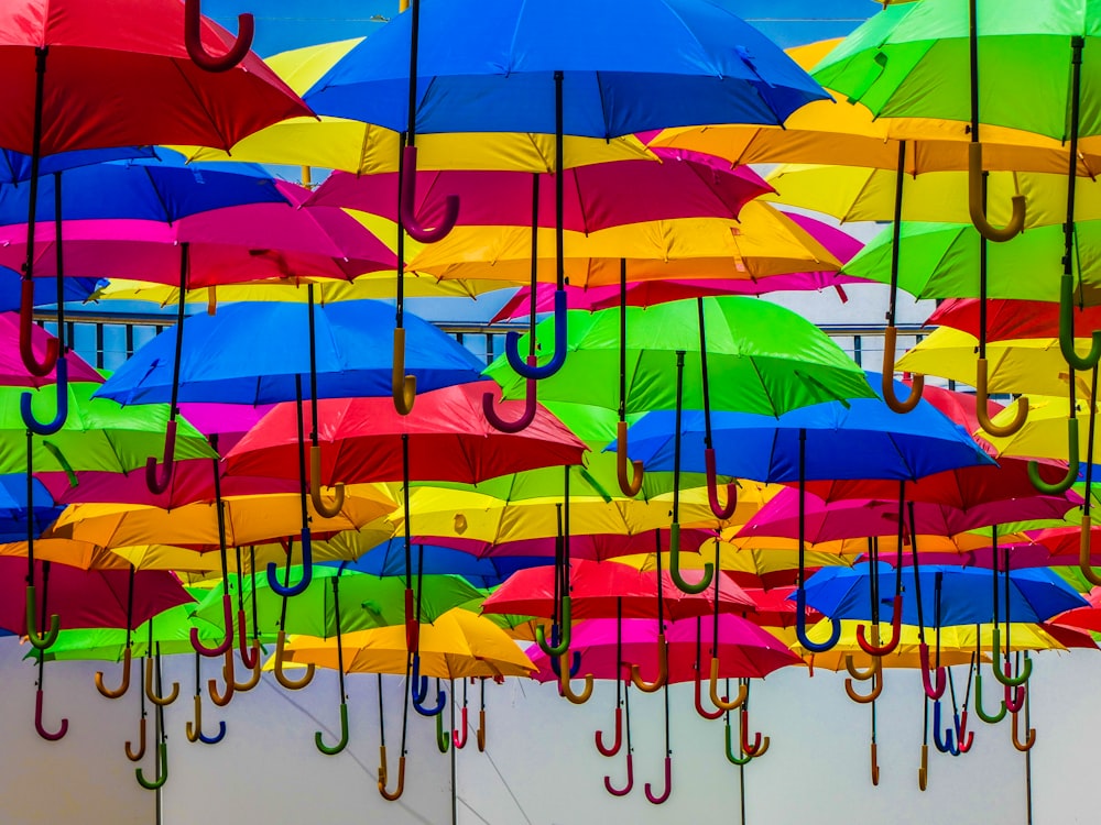 blue yellow and red umbrella hanging on wire