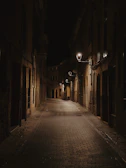 A shadowy alleyway at night with flickering street lamps casting eerie glows.