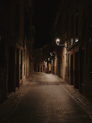 A shadowy alleyway at night with flickering street lamps casting eerie glows.