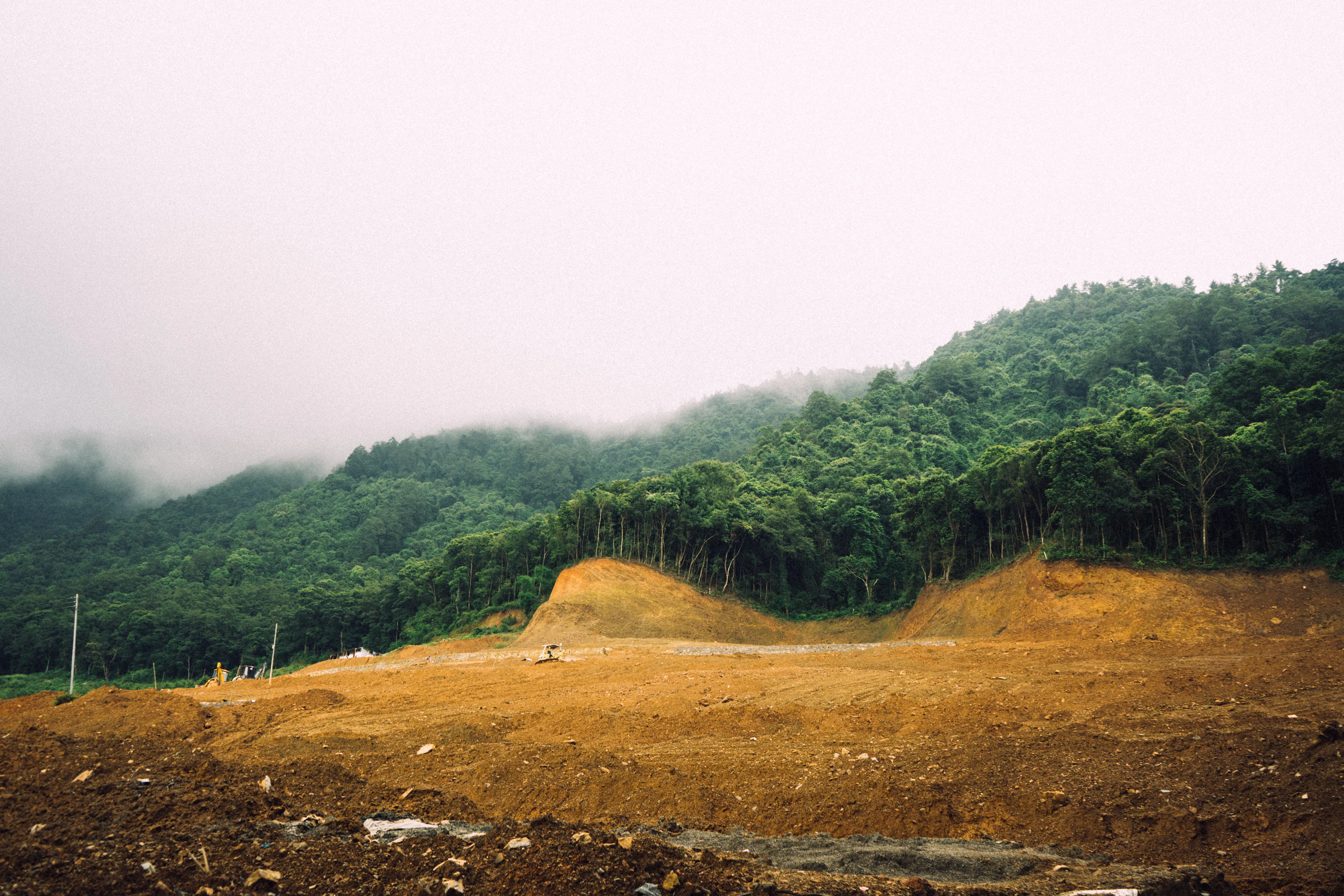 Cleared hillside land with bare earth and trees