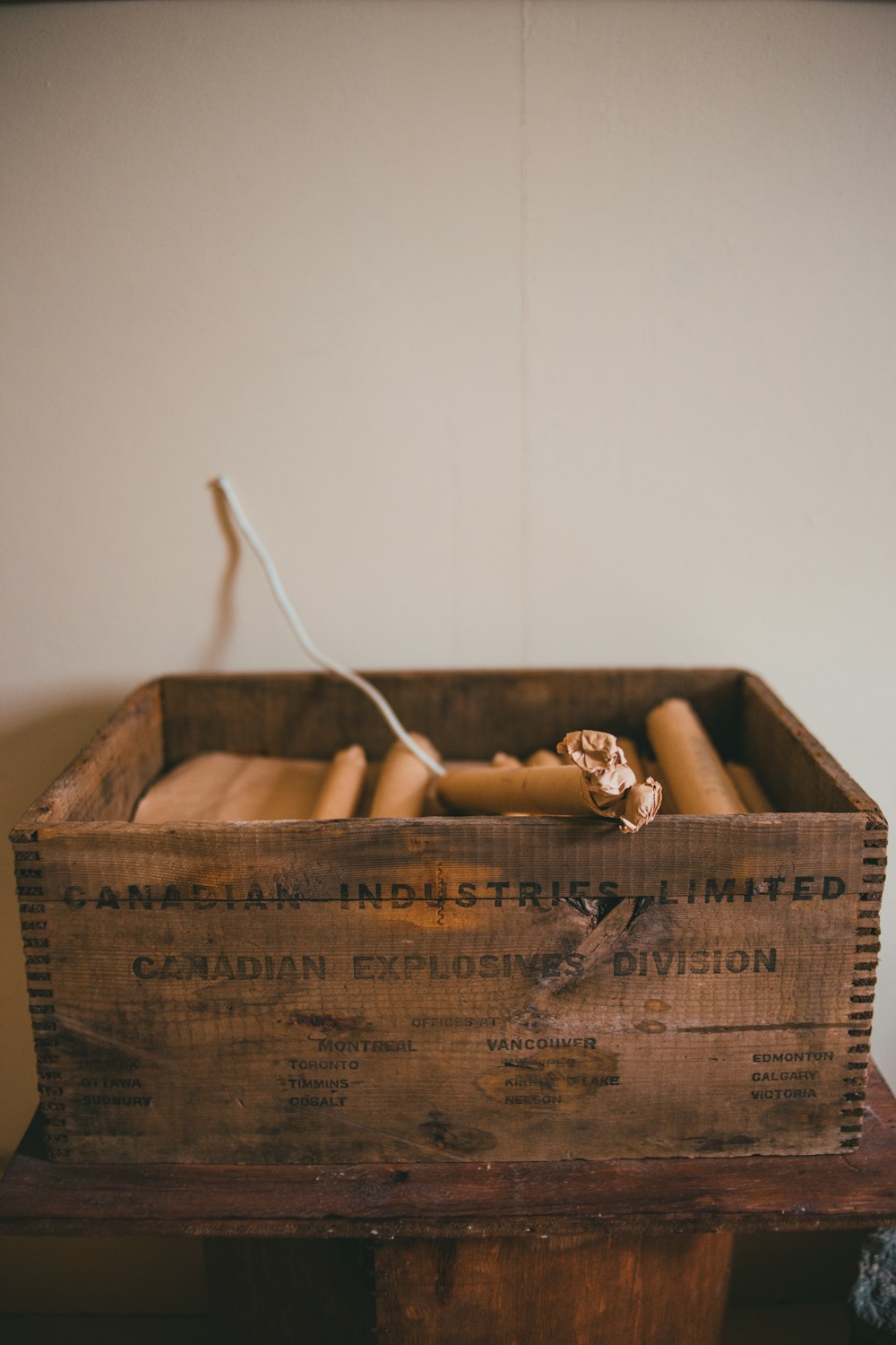 white coated wire on brown wooden crate