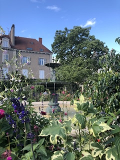 A bright outdoor scene showing a charming garden with colorful flowers and a small fountain.