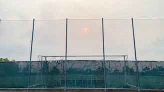View of a sports field surrounded by strong metal mesh fencing under bright daylight.