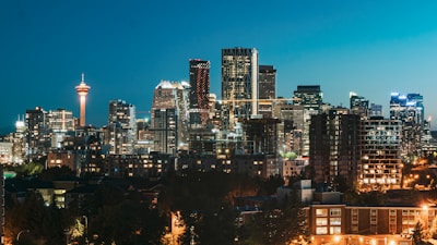 city skyline during night time