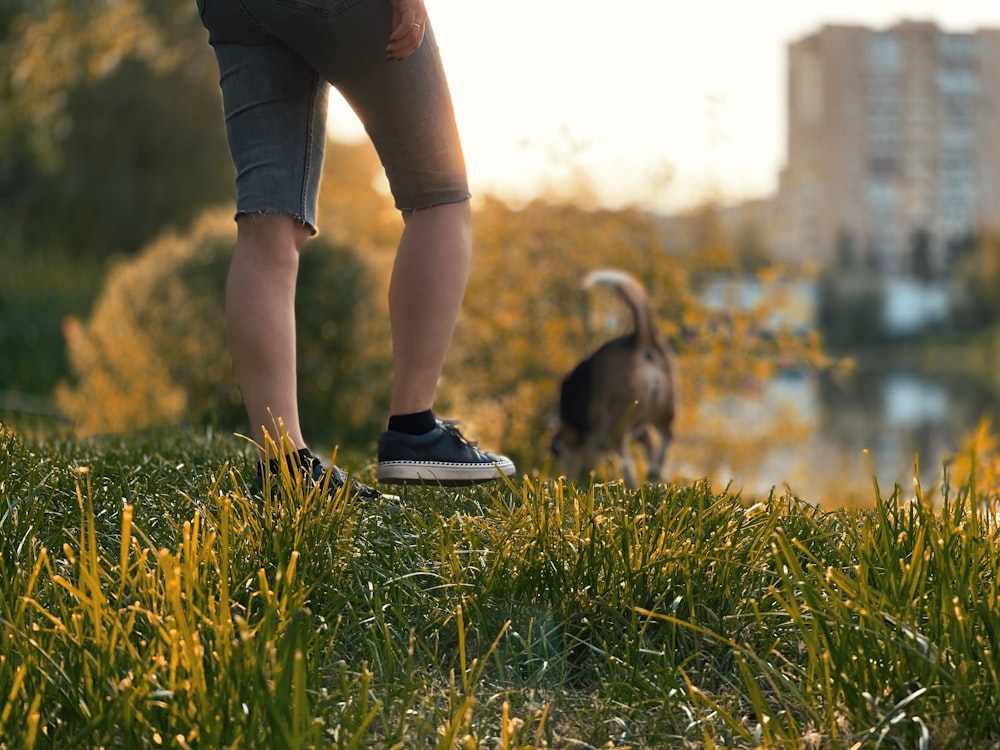 Persona in pantaloni neri e scarpe nere in piedi sul campo di erba verde durante il giorno