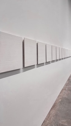 A series of white, lined panels arranged in a linear sequence along a white gallery wall. The panels are uniformly spaced and extend into the distance, creating a sense of continuity and depth. The setting is minimalistic with a focus on the geometric alignment and simplicity of the design.