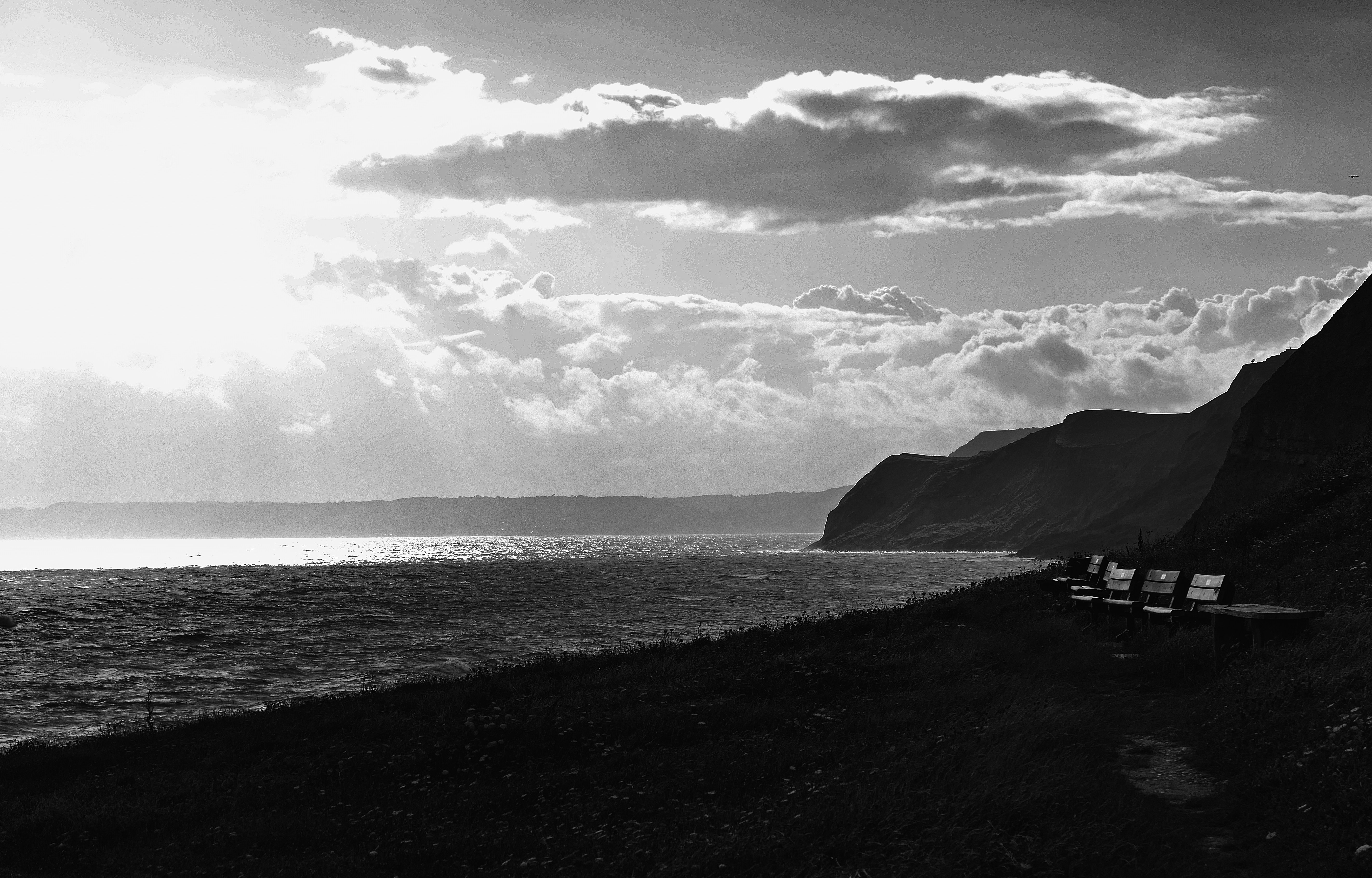 grayscale photo of a person standing on a rock by the sea