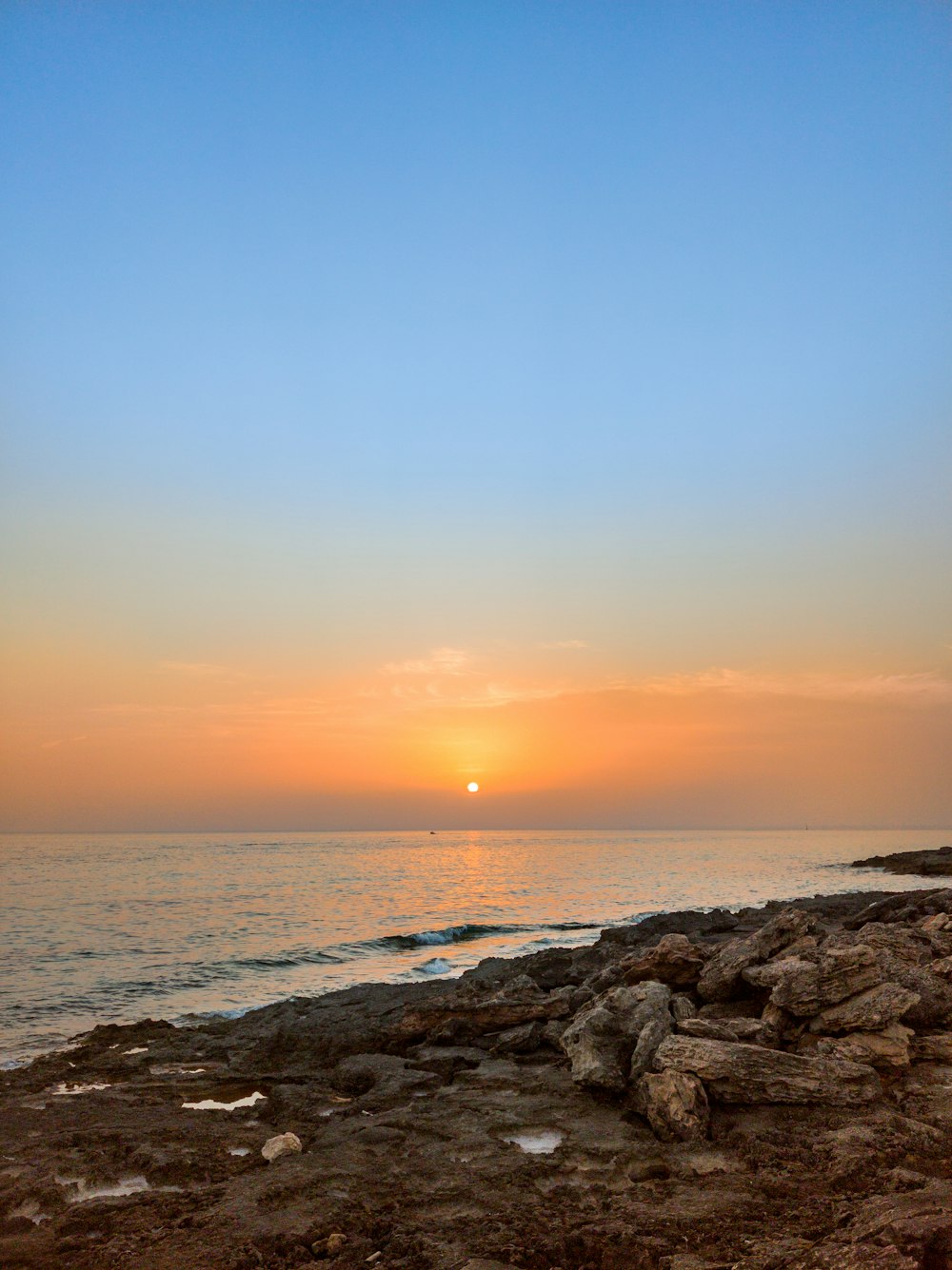 body of water during sunset