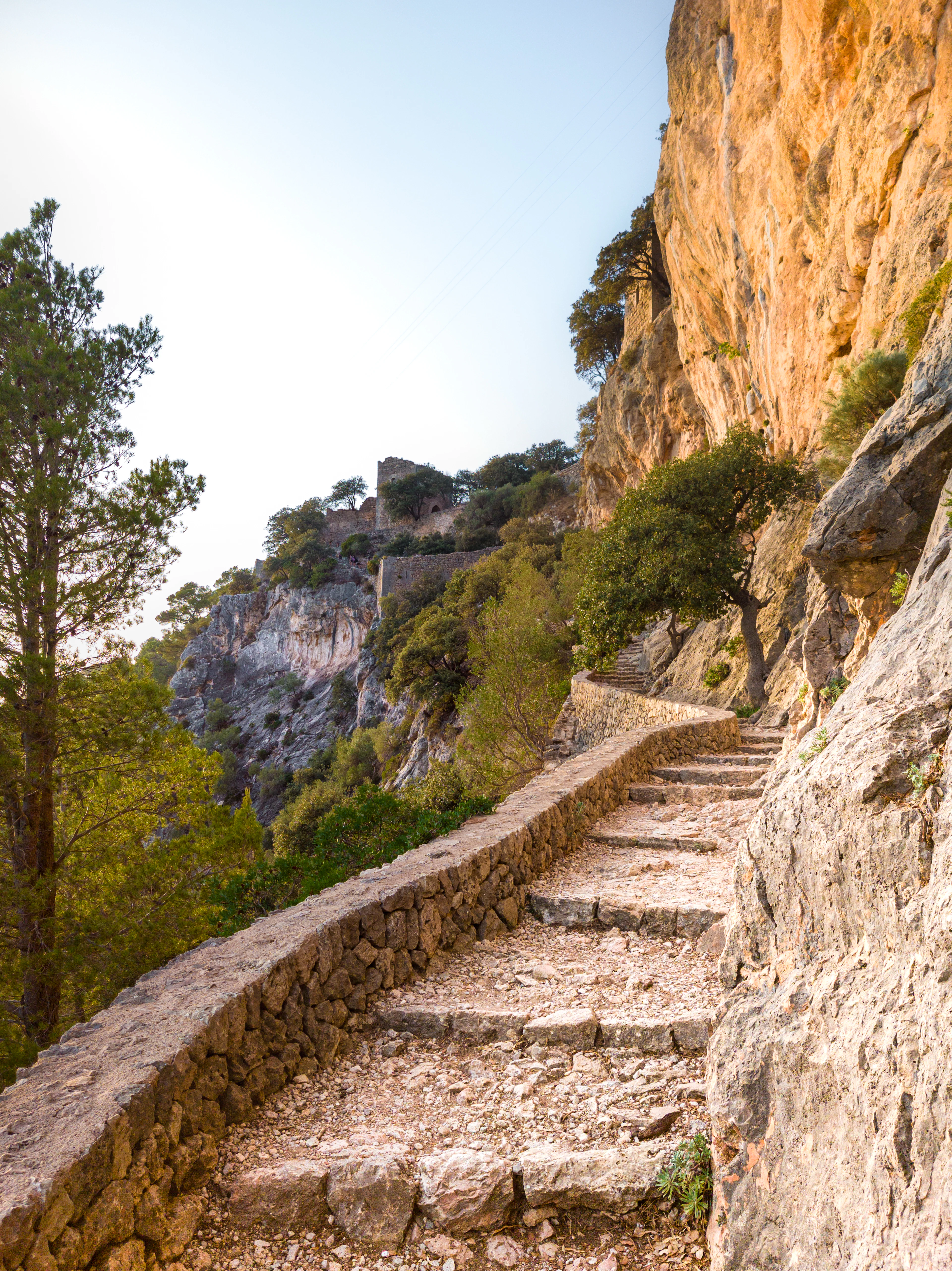 The dry-stone stepped path climbing the cliff of the Puig d'Alaro on Mallorca towards the ruined walls of the Castell d'Alaro, pines below and low sun warming the overhanging rock face