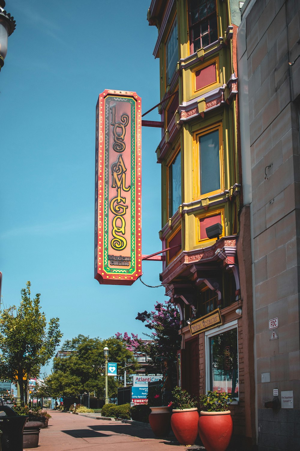 yellow red and blue signage