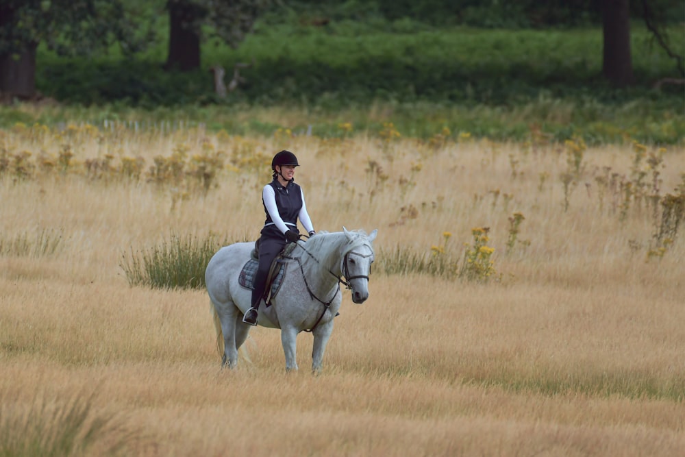 woman in white shirt riding white horse on brown grass field during daytime